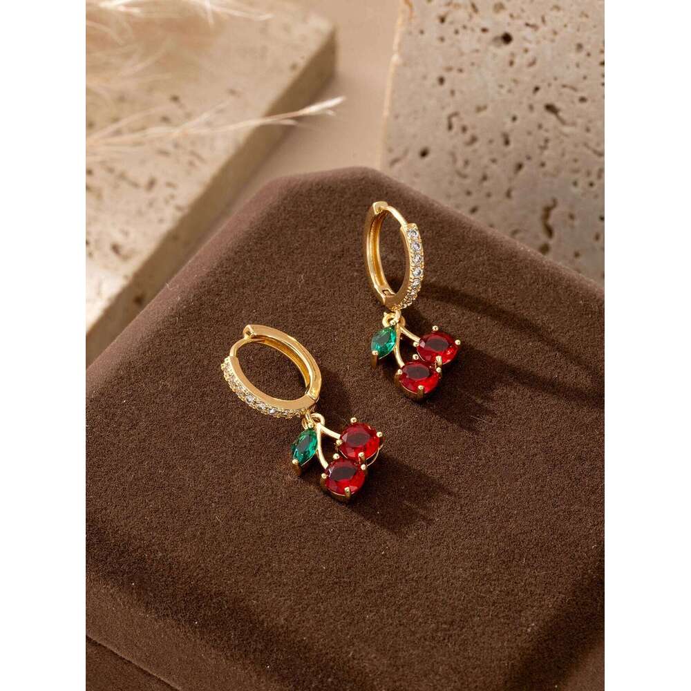 Cherry Huggie Earrings CZ Colored Gemstone Inlaid, Dainty Fruit - Shaped Jewelry for Women, Daily & Party Wear