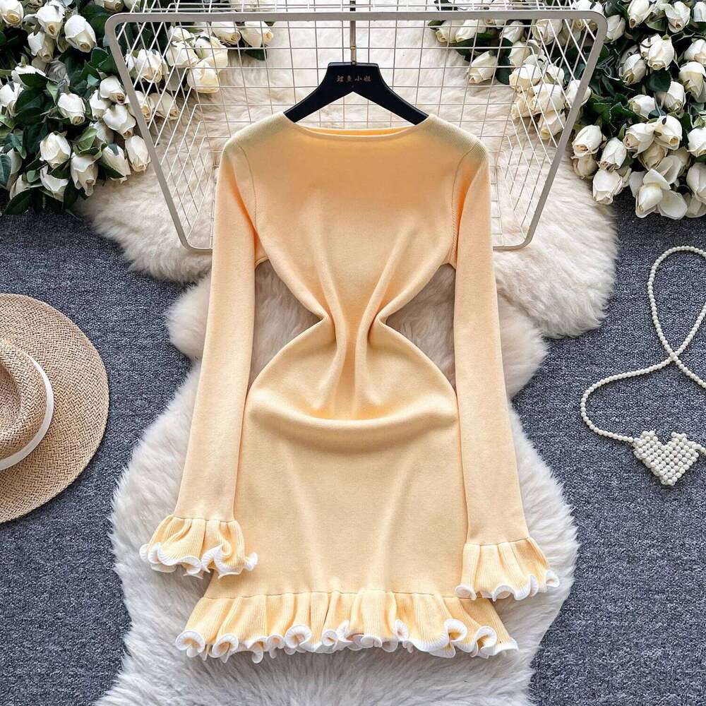YuooMuoo Chic Fashion Sexy Wrap Hips Knitted Mini Autumn Winter Long Sleeve Ruffled Bodycon Party Dress Streetwear Outfits XJ260130
