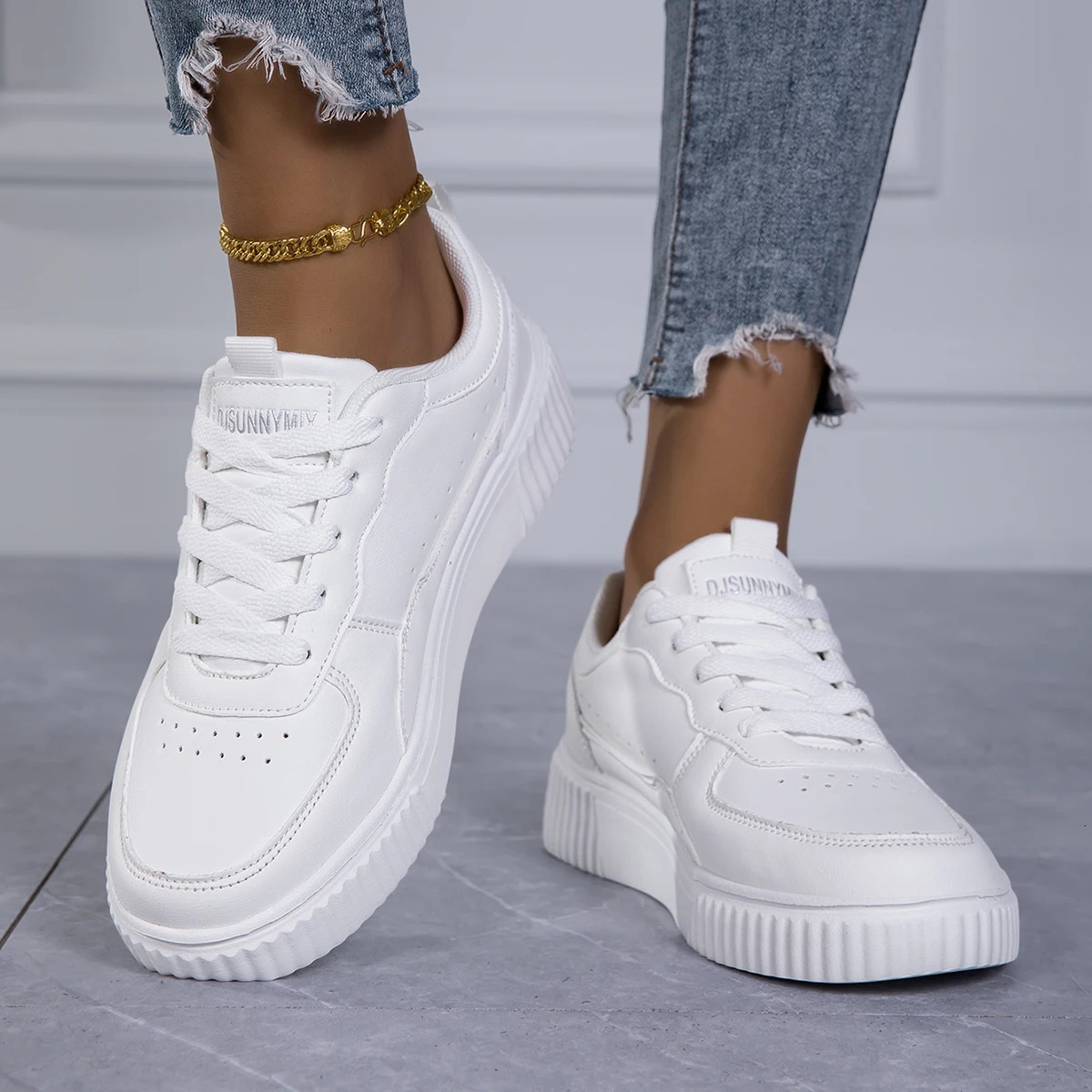 Womens Casual White Sneakers Chic Silver Trim Soft Lining Non-Slip Shoes Minimalist Pu Leather Skate Shoes for Women 260123