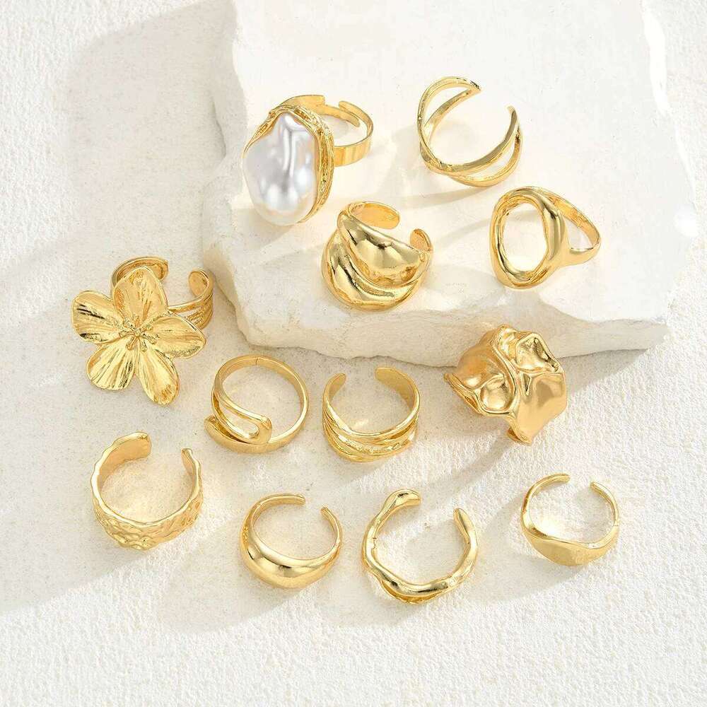 12 Pcs Irregular Gold Color Flower Opening Set for Women Bohemian Imitation Pearl Geometric Rings Holiday Jewelry Gift New XJ260130