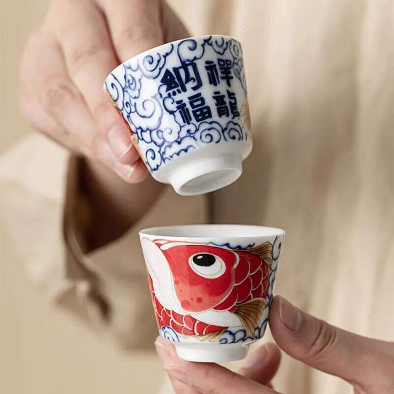 1 Pc Chinese Vintage Porcelain Handmade Dragon Fish Ceramic Teacup Household Tea Bowl Teaware Personal Meditation Cup