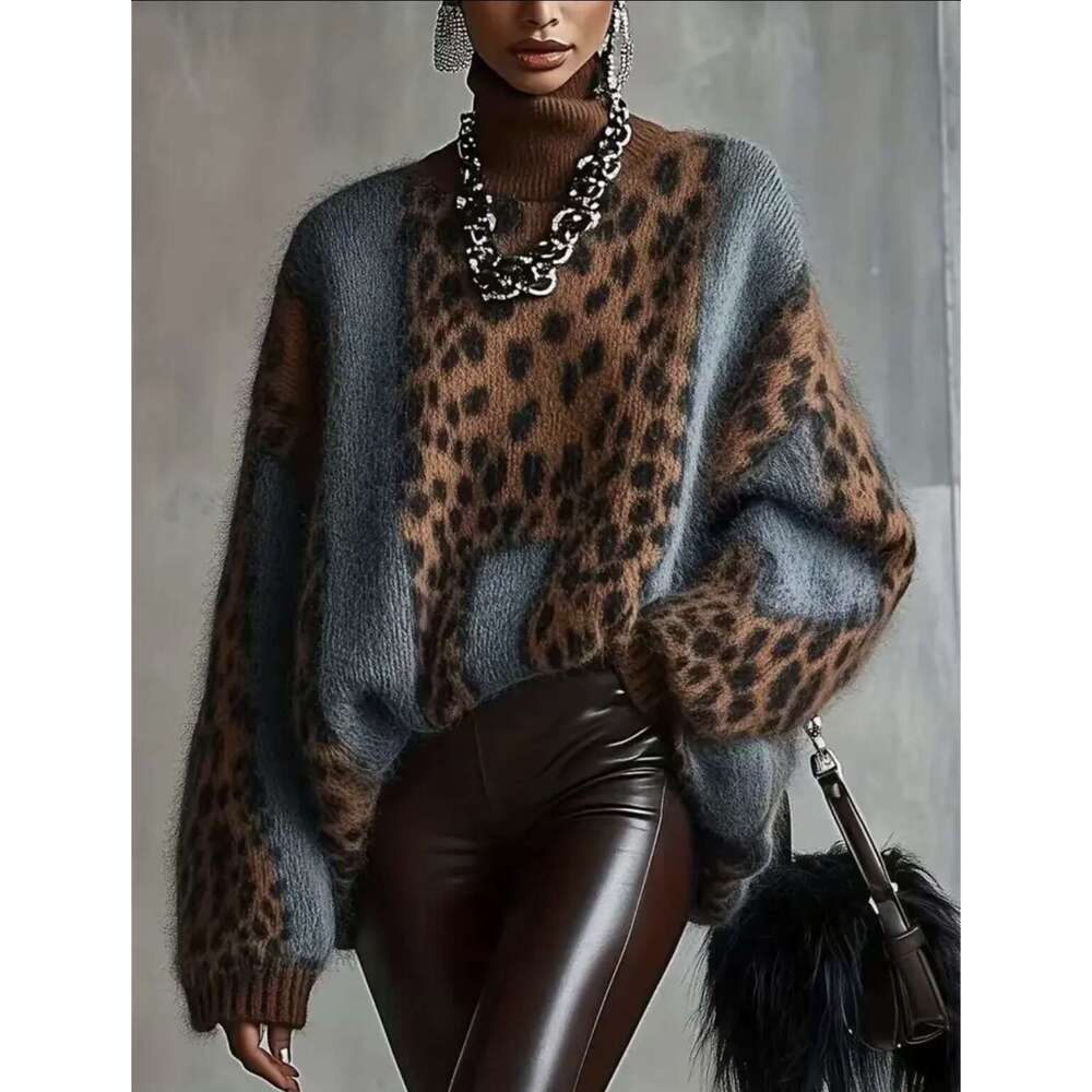 European American Cross-Border Lazy Style Leopard Print Knitted Sweater Women, Autumn and Winter Thickened Loose Vintage Patchwork Top for Women