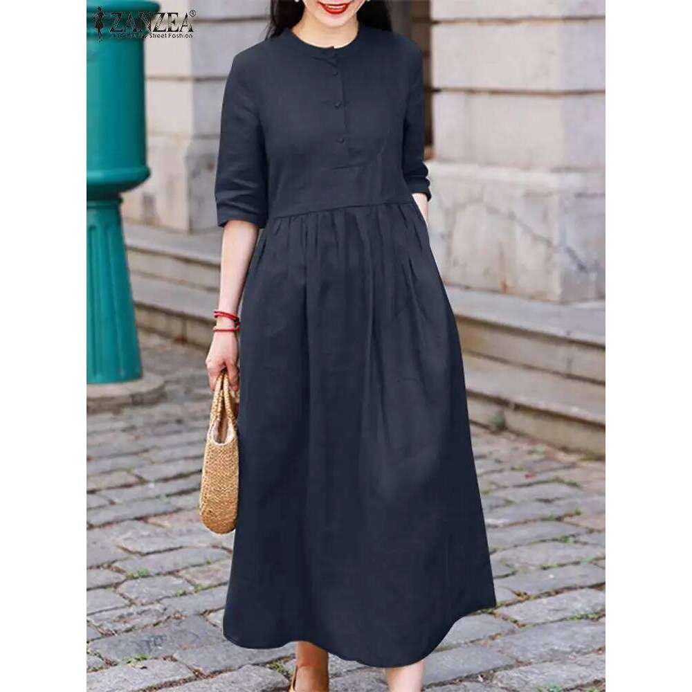 ZANZEA Elegant Commute Midi Dress Half Sleeve Solid Color Autumn Pleated A-line Vestidos O Neck Casual Fashion Women Robe Femme XJ260130
