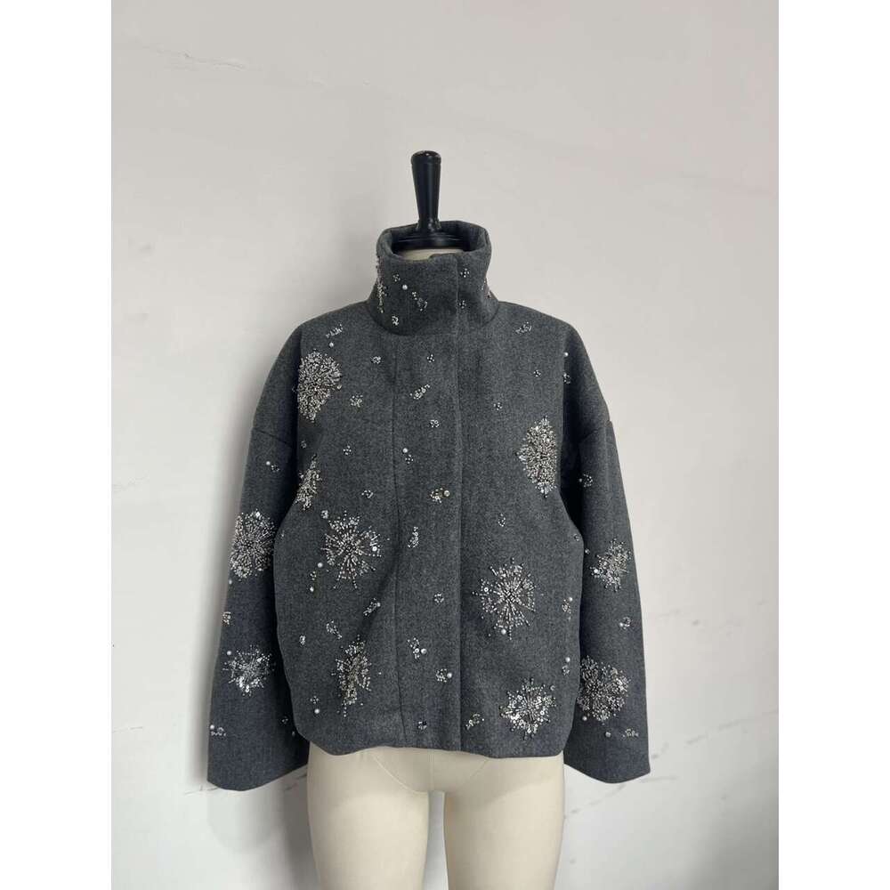 European and American Cross-Border Autumn Winter Women's Jacket, Unique Street Style Loose Single-Breasted Stand Collar Sequin Jacket