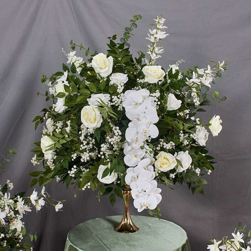 White Rose Greenery Artificial Flower Green Plant Leaf Arrangement Wedding Table Centerpiece Floral Ball Banquet Party Prop W260130