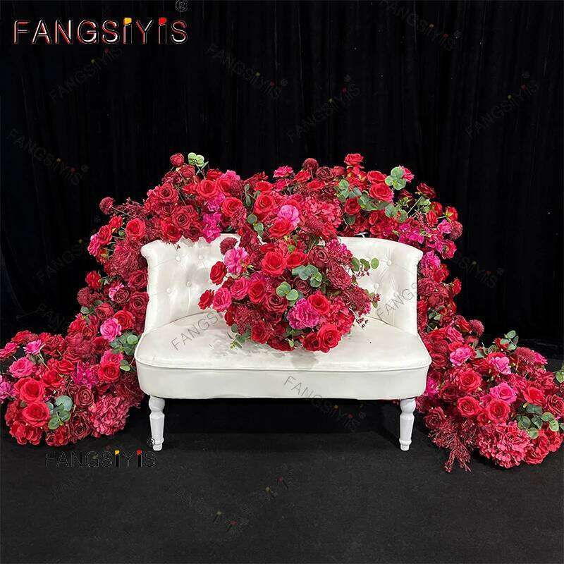 Red Wedding Backdrop Decor Floor Flower Row Runner Event Table Centerpieces Ball White Rose Floral Strip Arrangement Party Props W260130