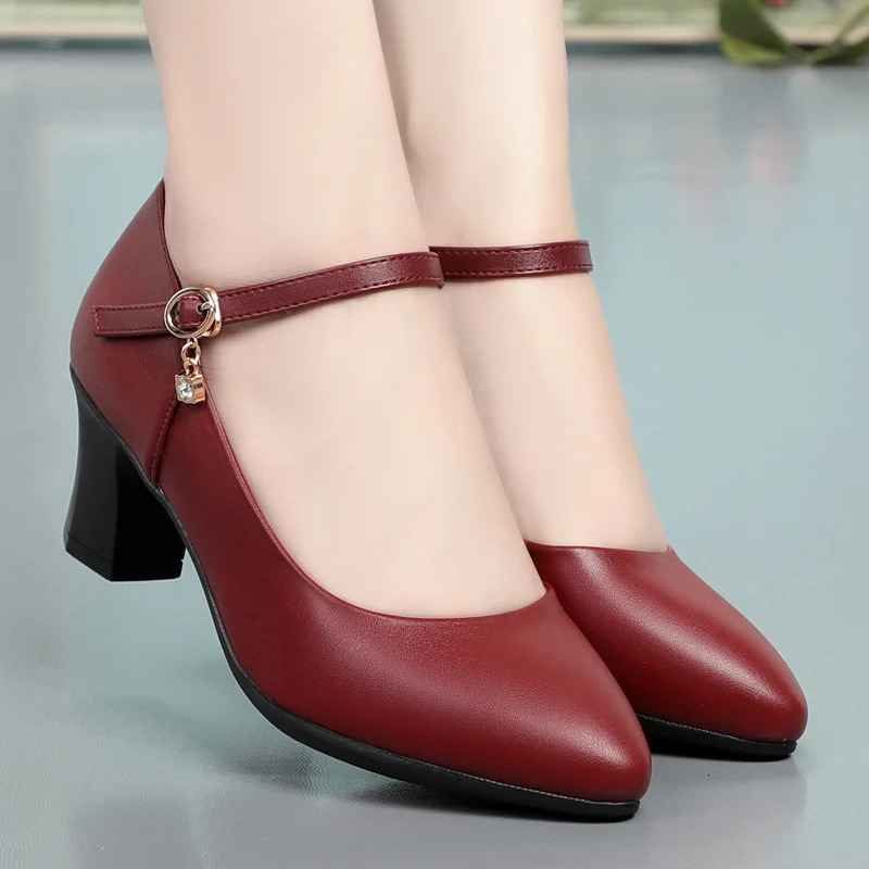 Women Fashion Sweet Red Comfort Buckle Strap Square Heel Pumps Lady Casual Black Pu Leather Office High Heel Shoes Spring Autumn 260123