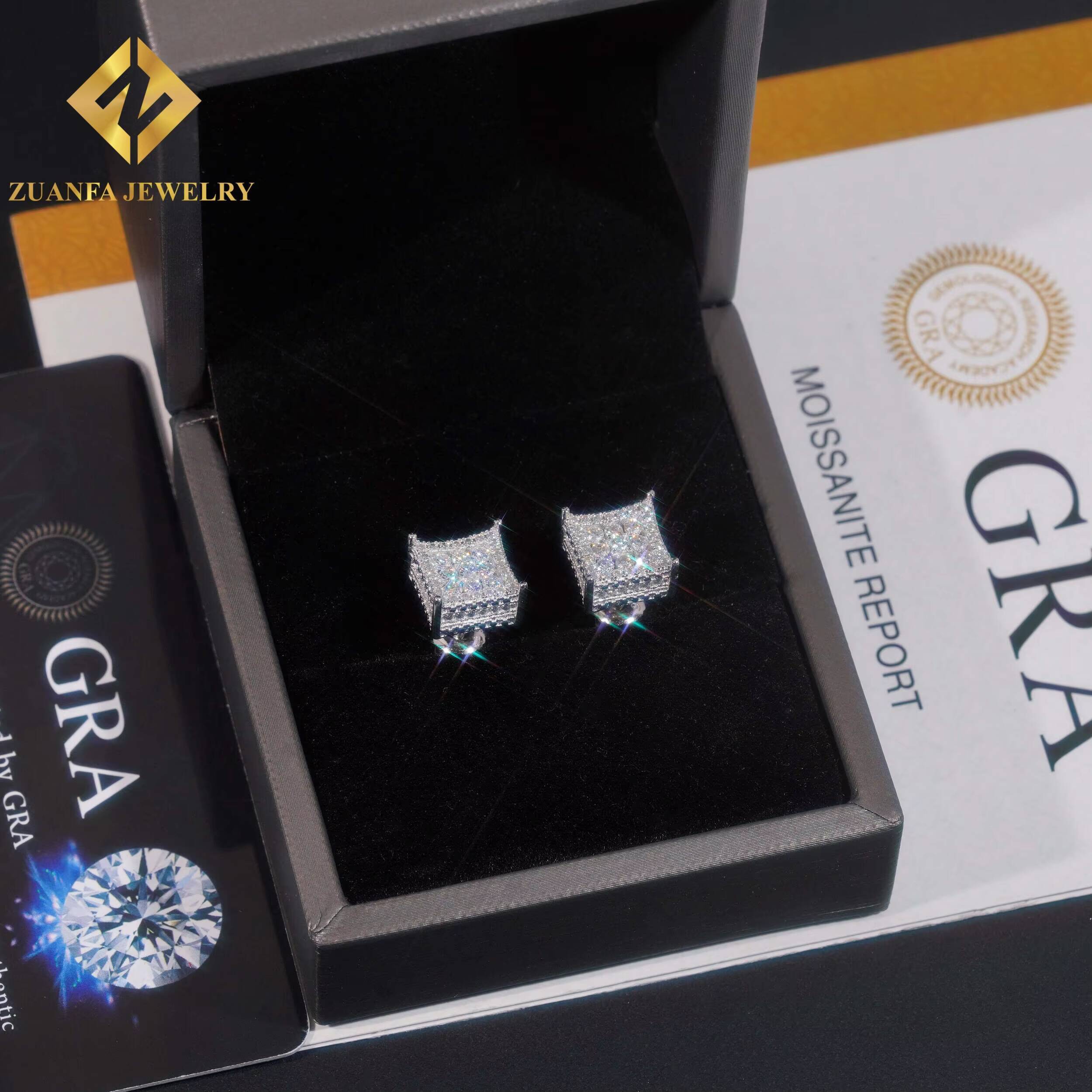 1010mm Square Stud Earring 925 Silver Moissanite Stud Hip Hop Fine Jewelry Stud Earring for Men Women