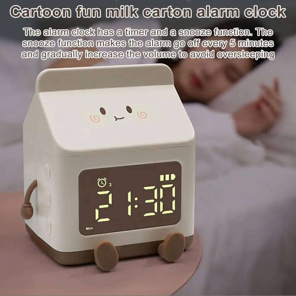 Type-c Rechargeable Milk Box Shape Children's Alarm Clock with Large Screen for Bedroom W260130