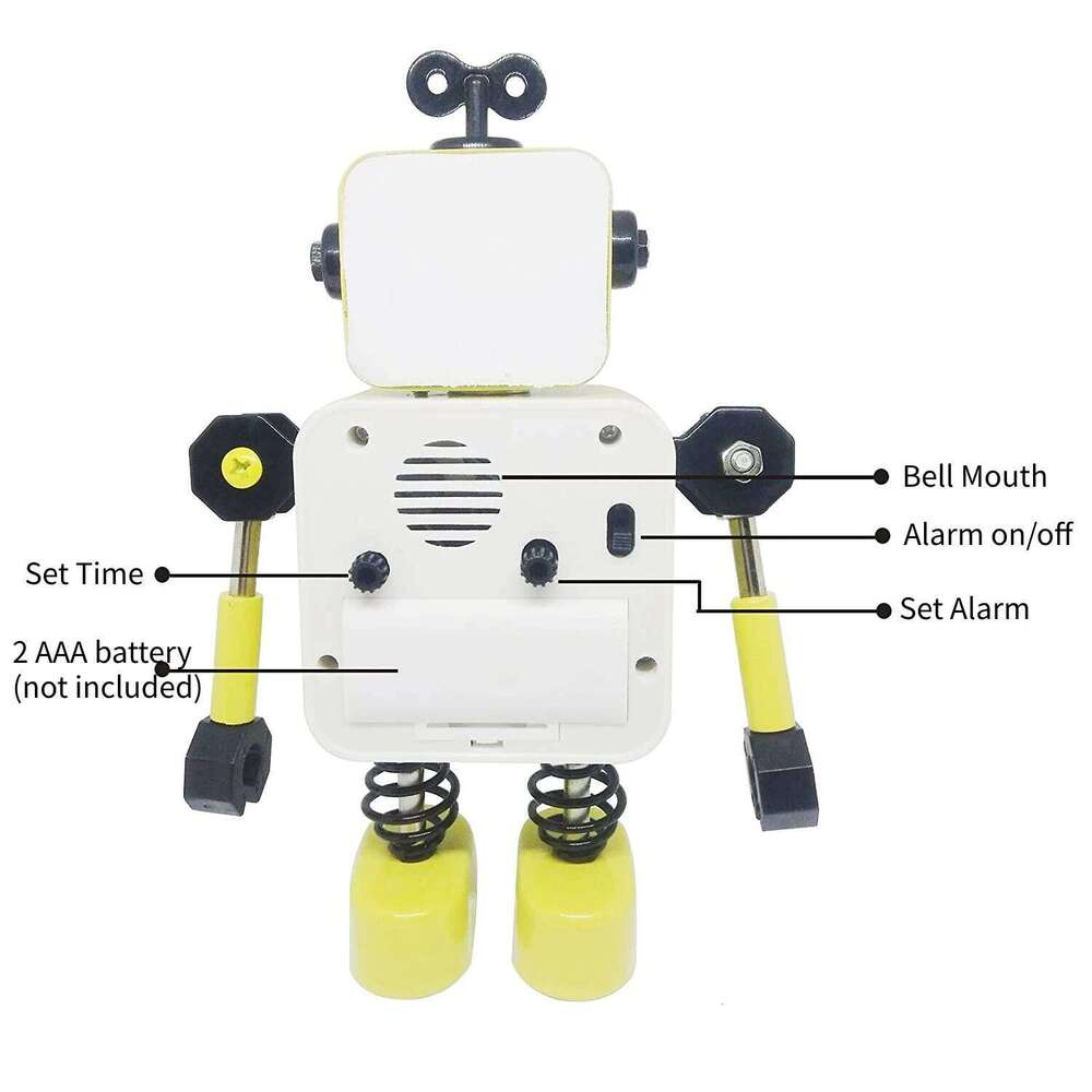 Robot Alarm Clock, Non-Ticking Wake-up Clock with Flashing Eye Lights and Rotating Arm, Gift Kids, Funny Decoration for Desk W260130