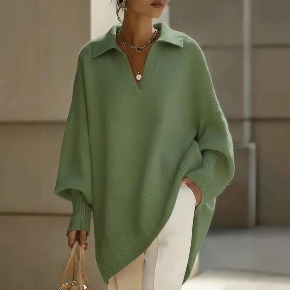 Cross-Border Spring and Autumn New Independent Station Solid Color Long Sleeve Knitted with Turn-Down Collar Loose Lazy Style Outerwear Sweater for Wo