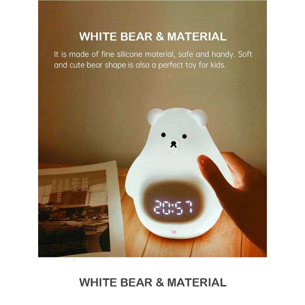 D2 Smart Alarm Clock Children Xmas Gifts USB Rechargeable White Bear Sleep Trainer for Kids Baby LED Night Light Silicon Touch W260130