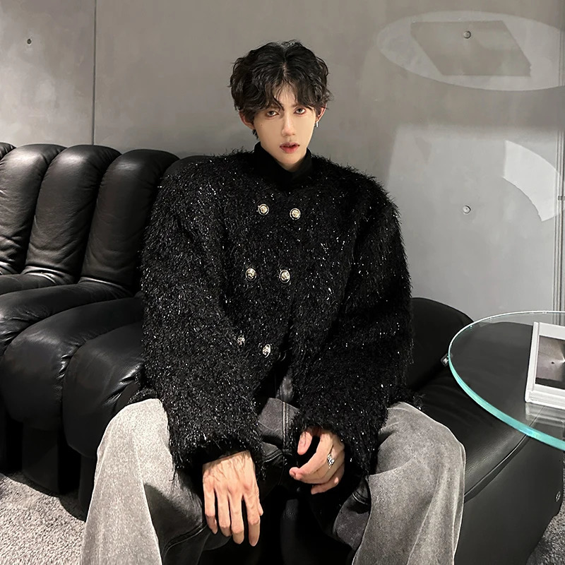 Mens Double-breasted Woolen jacket Cardigan Autumn Winter Trend Collarless Jacket Fashion Korean Style Chic Elgance Coat 260122