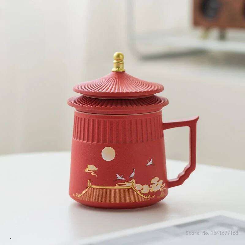 Creative Ceramic Tea Cup with Cover, Chinese Style Crane Pattern Office Supplies, Handle Teacup Separation Filter Water Mug, 1Pc