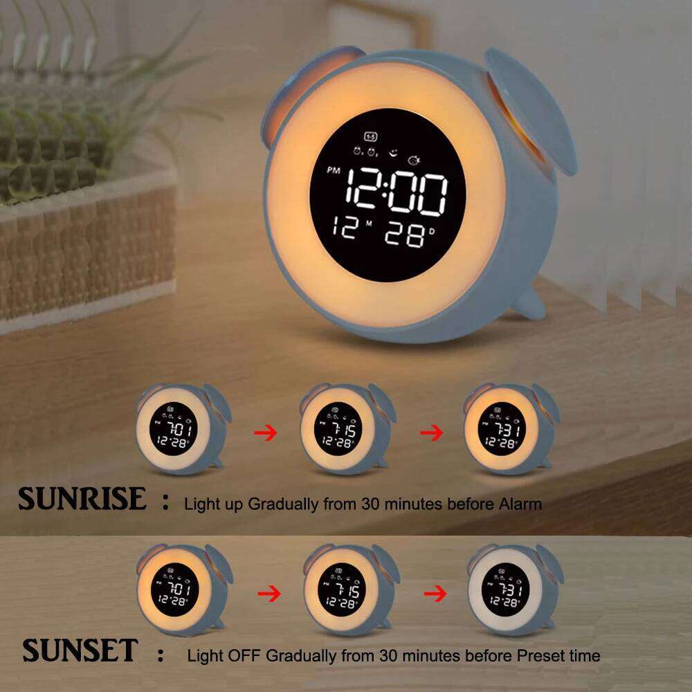 Rechargeable Digital Alarm Clock with Sunrise Sunset Light Simulation Awakening and Colorful Atmosphere LED lighting effects W260130