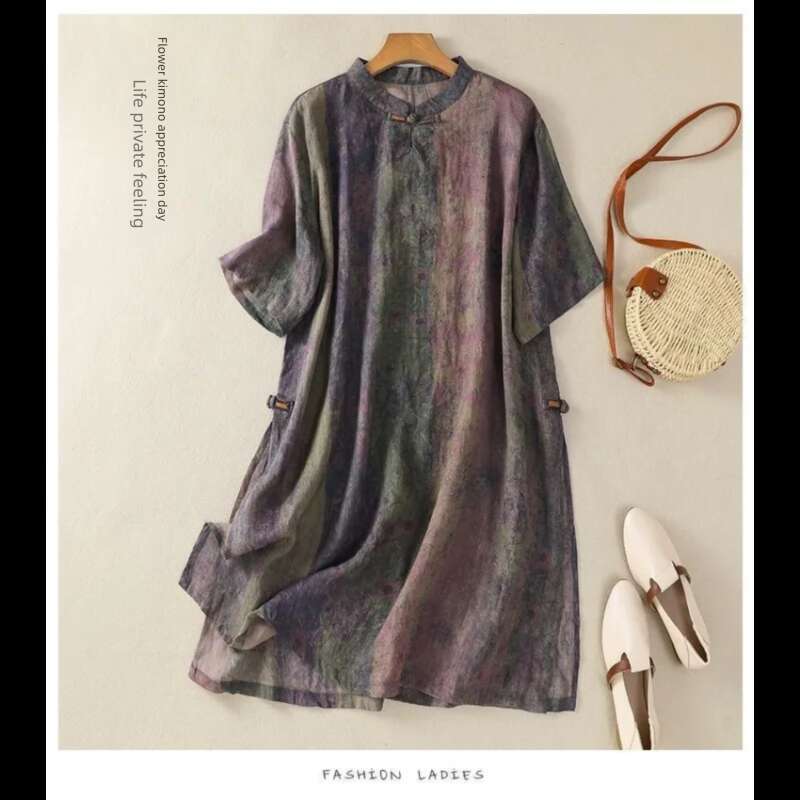 Women's Chinese Style Floral Print Linen Mandarin Collar Loose Fit Short Sleeve Midi Dress