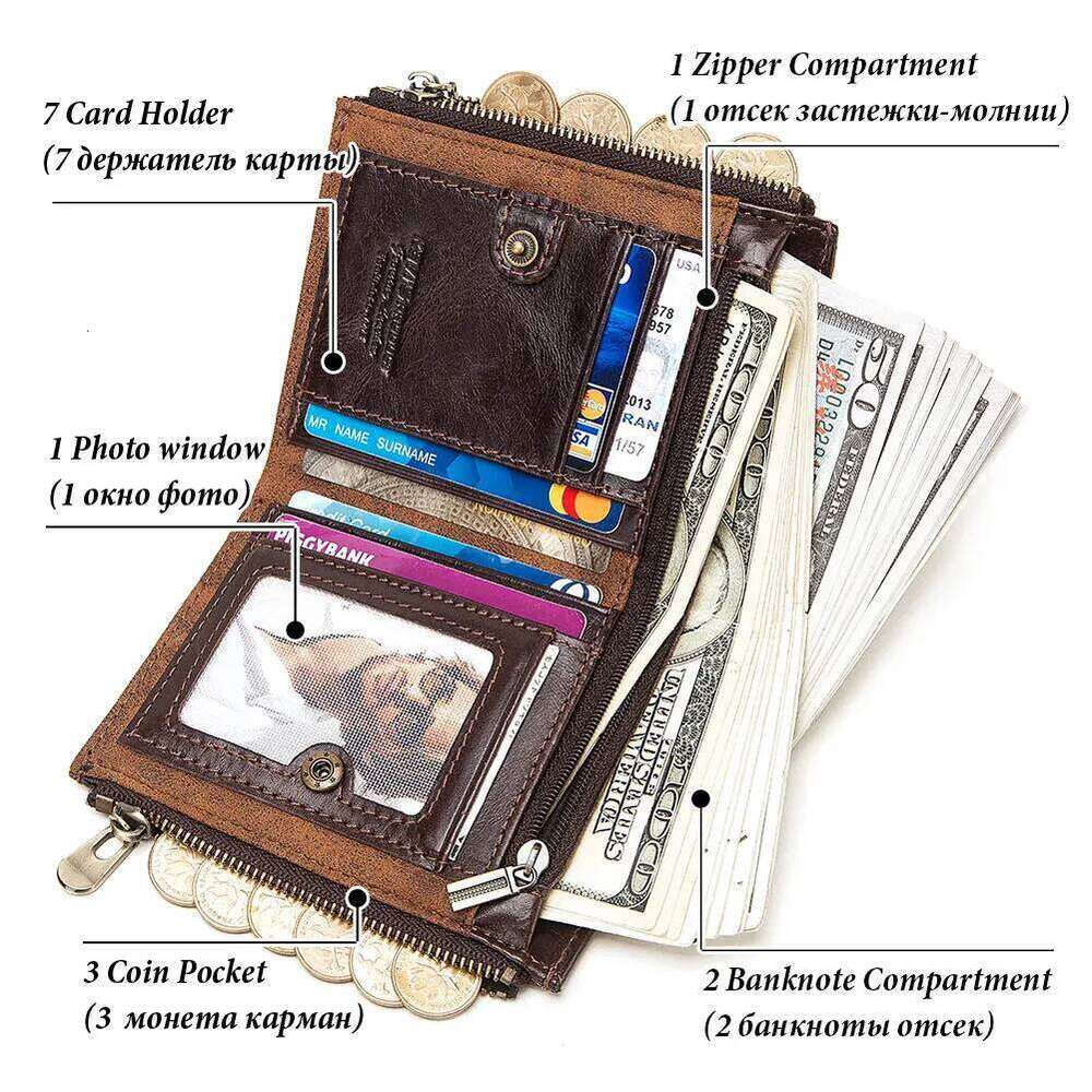 Men Bifold Wallet RFID Blocking Genuine Leather Holder Wallets with 7 Card Slots Casual Male Short Money Bag Z260130