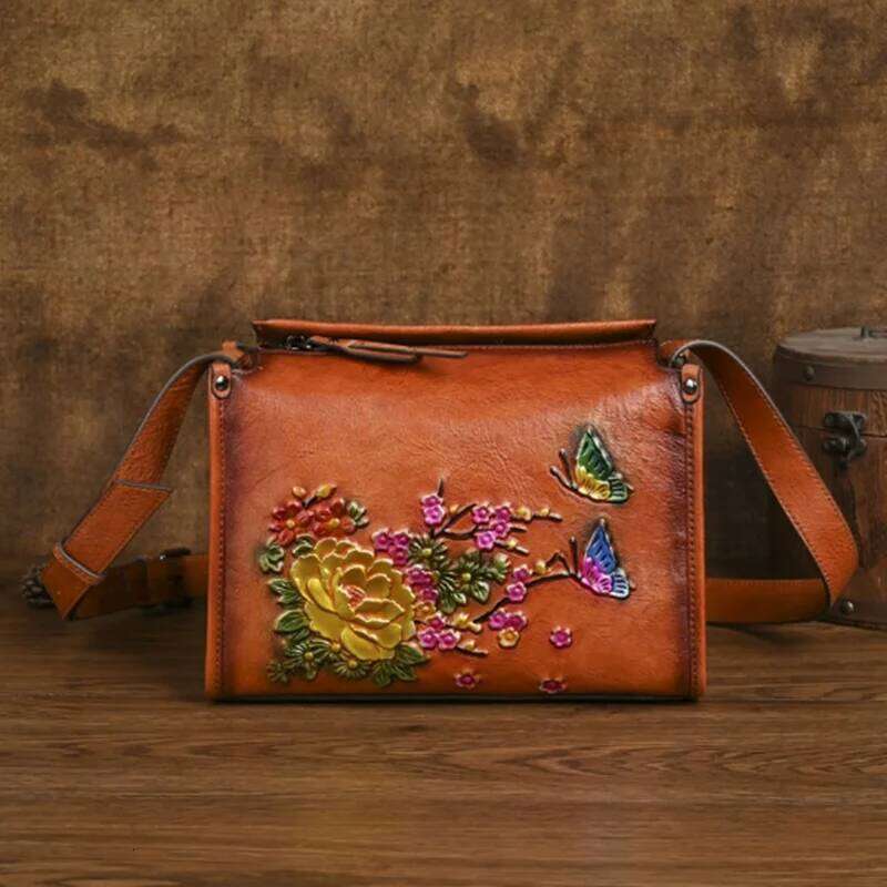 New Women S Shoulder Handmade Embossed Genuine Leather Bag Retro Floral Crossbody Bags KABAHEBINGJUE