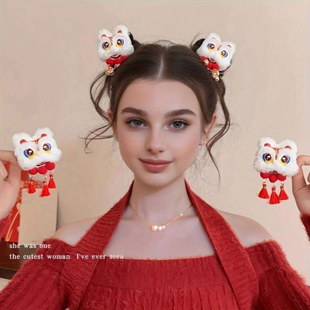 2 Pcs Chinese Style Lion Dance Hair Clips,Plush Animal Tassel Design,New Year Accessories and Gift Sets,Lion Dance,Hair Clips