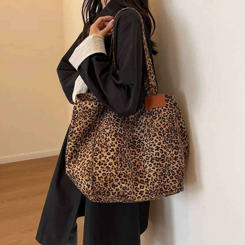 Leopard Pattern Tote Vintage Canvas Shoulder Bag Fashion Big Capacity Handbag For School Work Shopping Z260130
