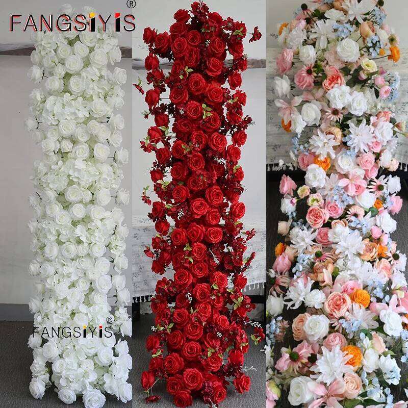 200/100cm Luxury White Rose Artificial Flower Row Wedding Table Centerpiece Flowers Backdrop Wall Arches Decor Party Stage Flora W260130