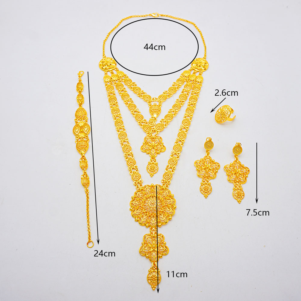 3-layer Gold Plated Dubai Wedding Party Extra Long Necklace Bracelet Earrings Ring 4-piece Set230506