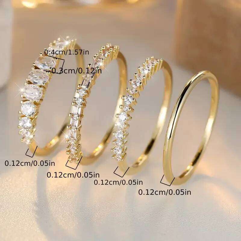 Exquisite Shining Inlaid Zirconia Geometric Ring 4 Pieces / Set of Women's Fashion Light Luxury Temperament Party Jewelry Gifts XJ260130