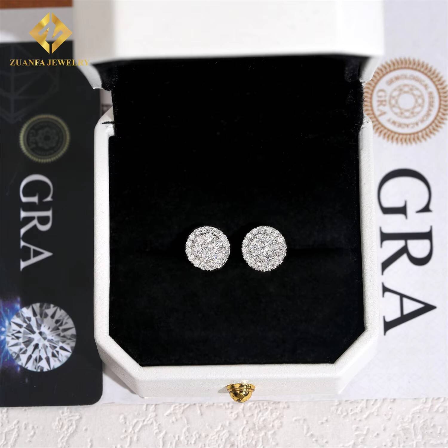 GRA Certified Round Moissanite Cluster Hip Hop Stud Earring 925 Sterling Silver Fully Iced Out Stud Earrings