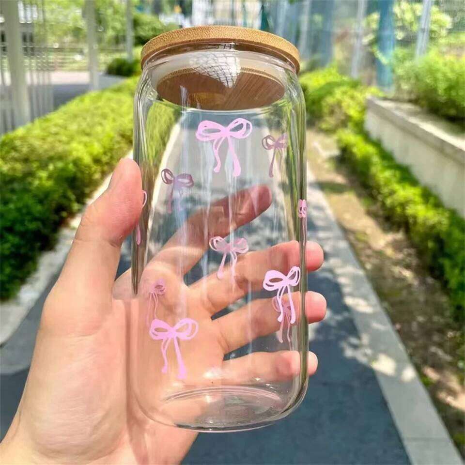 Drinking Utensils Pink Bow Glass Tumbler 500ml With Lid Straw For Outdoor Water Bottles Home Tableware High-Temperature Resistant Luxury Tea Coffee Cu