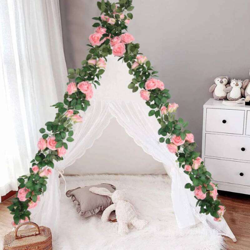 200CM 9heads Artificial Pink Rose Vine Wreath Fake Flowers Hanging Silk Garland for Home Wedding Party Arched Wall Decorations W260130