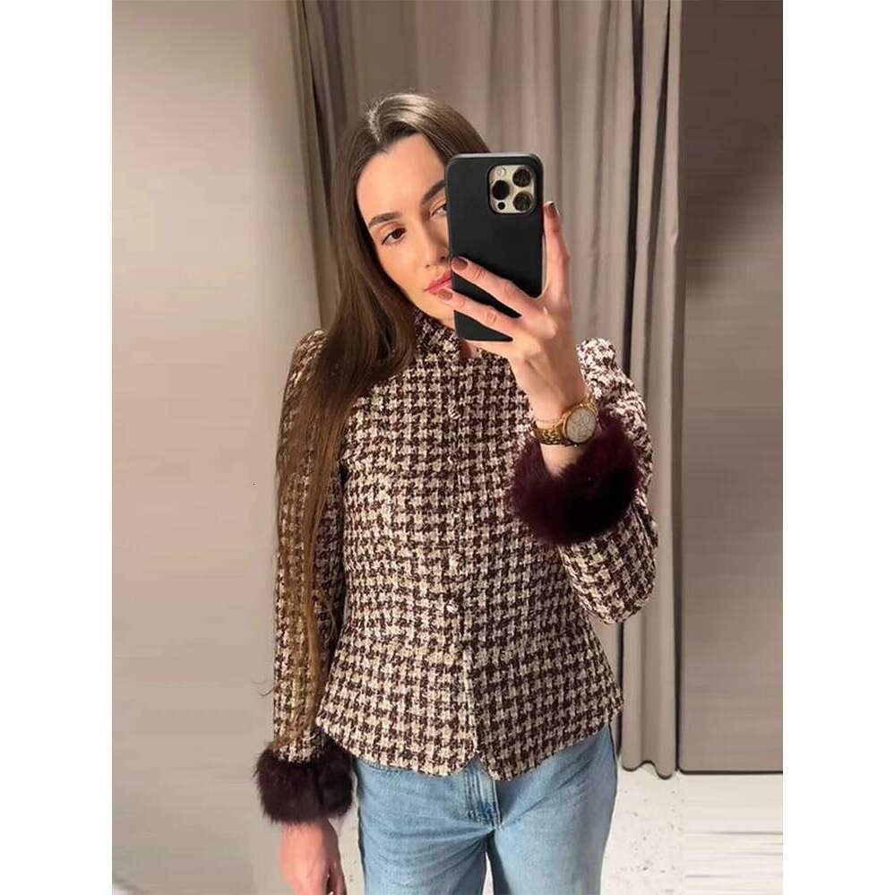 ZHE HAN Fashion Women Stand Collar Tweed Jacket Elegant Long Sleeve Faux Fur Cuffs Coat 2026 Spring New Single Breasted Outerwear Street