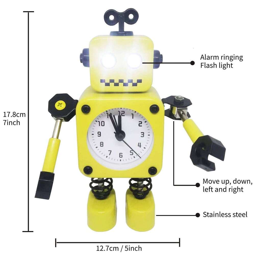Robot Alarm Clock, Non-Ticking Wake-up Clock with Flashing Eye Lights and Rotating Arm, Gift Kids, Funny Decoration for Desk W260130