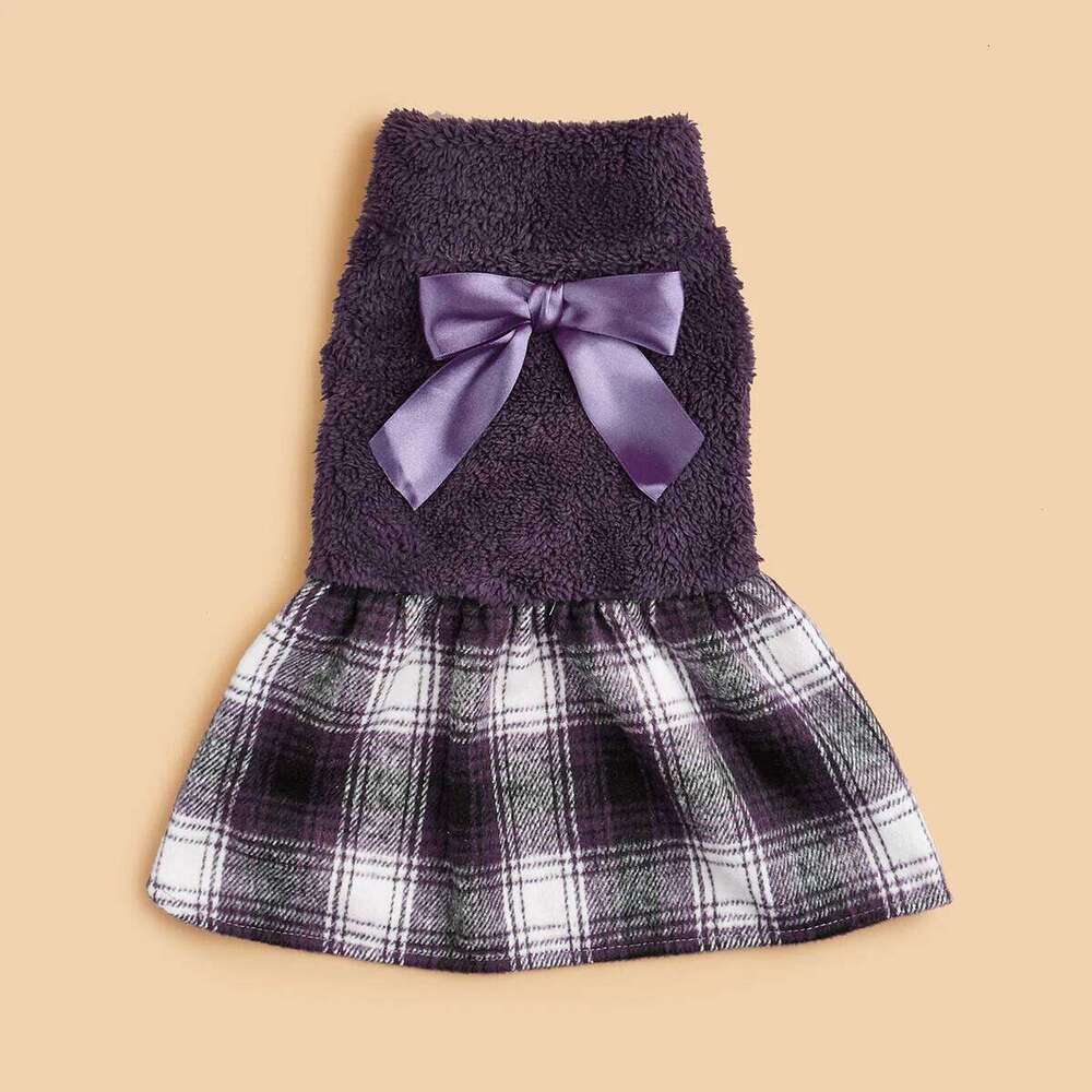 Dog Dress Small Warm Costume Plaid Printed Puppy with Doggie Pet Clothes Bowknot Apparel for Dogs Cats Daily Wear H260129