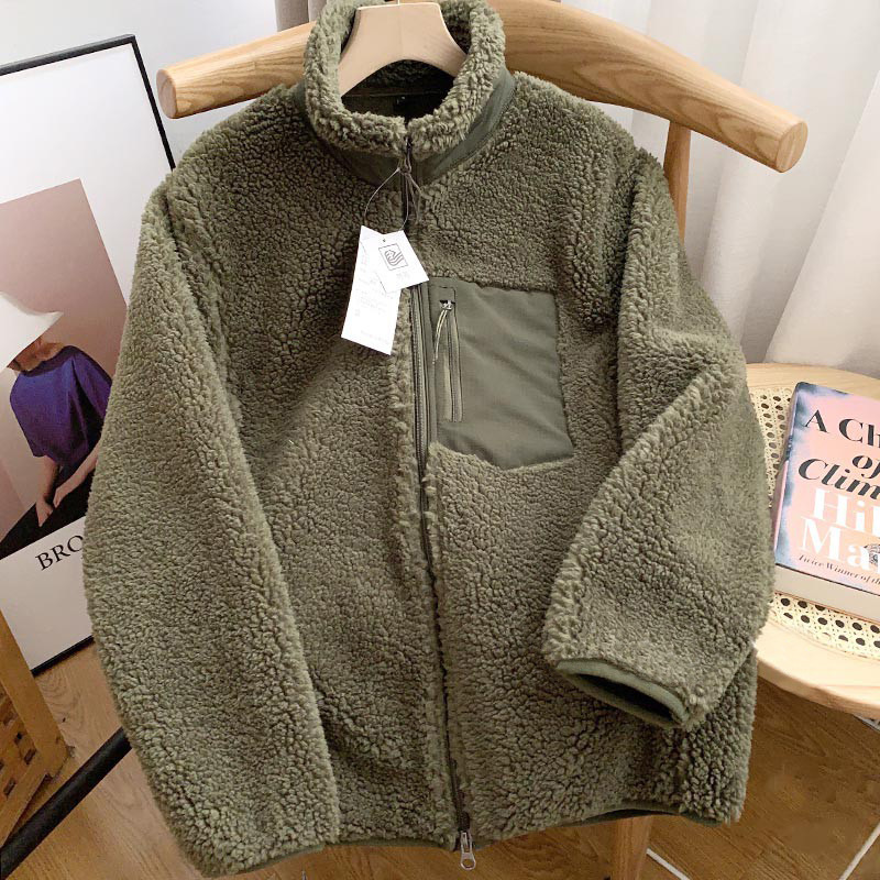 Japanese Style Unisex Fleece Jacket Winter Thickened Warm Stand Collar Sherpa Coat for Men Women Loose Fit Outdoor Zipper Jacket