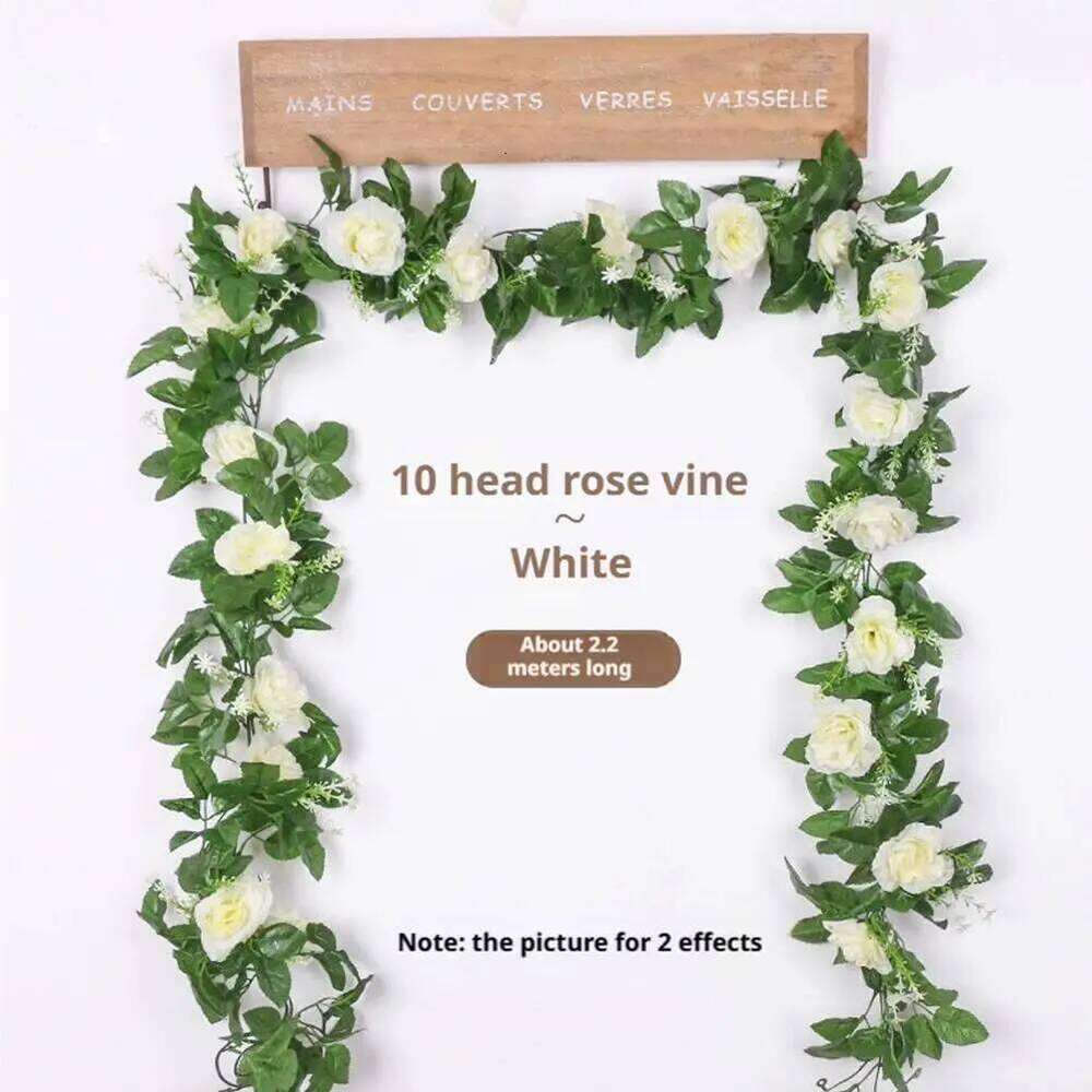 2.2M Artificial Rose Vine with Blooms White pink Faux Floral Hanging Decor for Wedding Indoor Durable Plastic Plant W260130