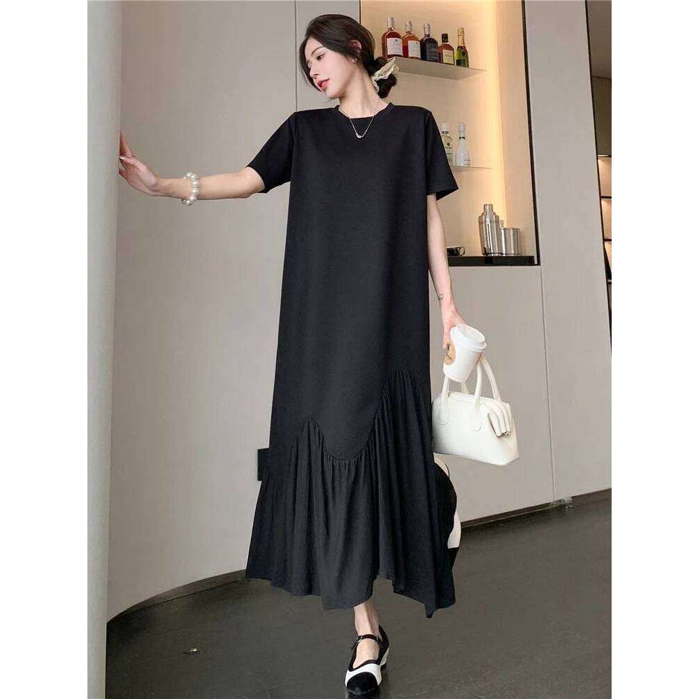 NYFS 2025 Summer New Korea Irregular Woman Vestidos Robe Elbise Loose Plus Size Patchwork Short Sleeve Long Dress XJ260130