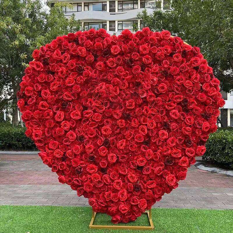 Luxury Red Rose Green Leaf Floral Arrangement With Cloth Base Decor Wedding Backdrop Heart-Shaped Arch Frame Stage Flower Stand W260130