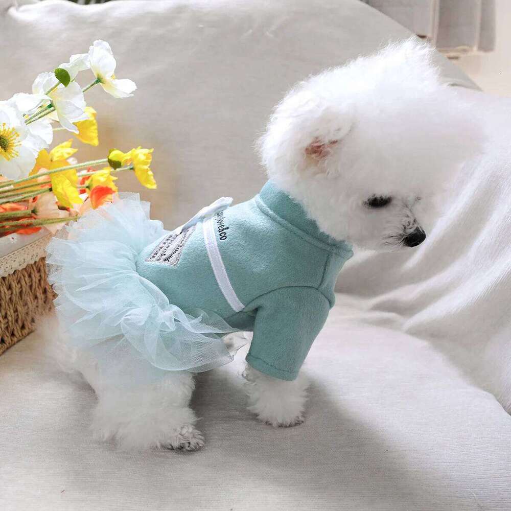1PC Pet Clothes Dog Cat Autumn Thickened Warm Lake Blue Bow Open Mesh Dress H260130