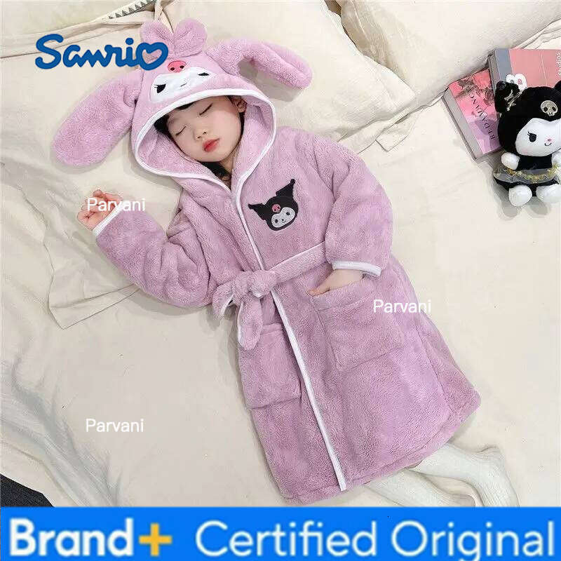 Sanrio Kuromi My Melody Winter Spring Girls Robe Pajamas Set Coral Fleece Hooded Kids Baby Homewear Bathrobe Sleepwear H2601301