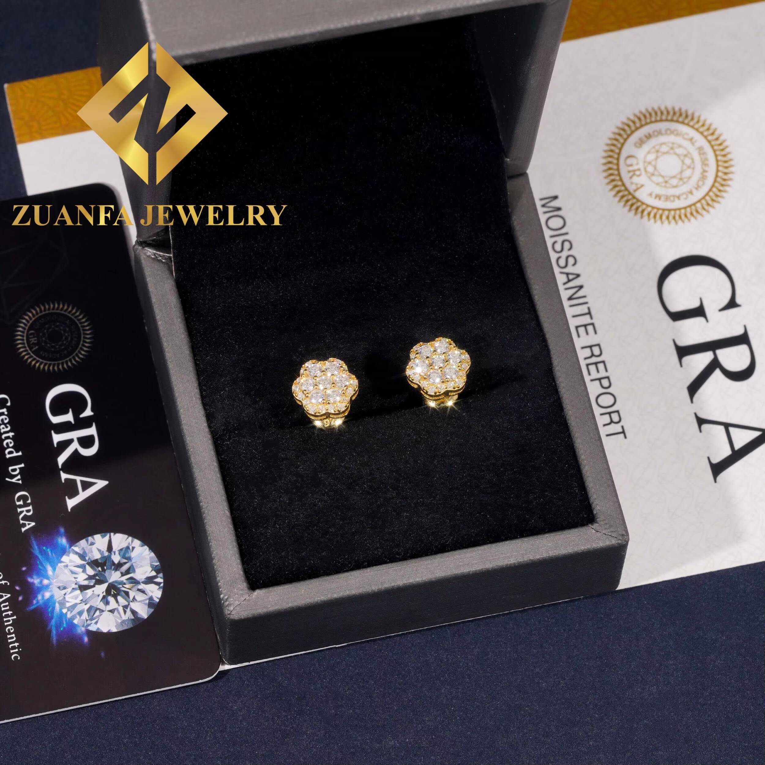 USA Warehouse Stock Drop Shipping Hot Selling Sun Flower Design Stud Earring 925 Sterling Silver VVS Moissanite Iced Out Style