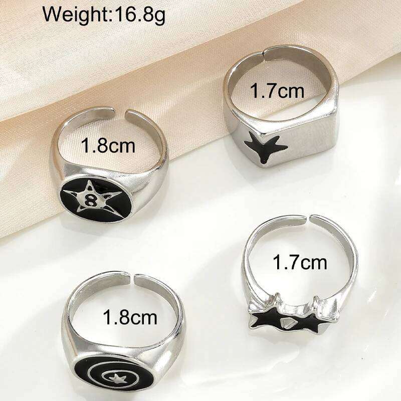 4 Pcs Punk Black Star Rings Set for Women Men Fashion HipHop Silver Color Geometric Thick Finger Ring Y2K Unisex Jewelry Gifts XJ260130