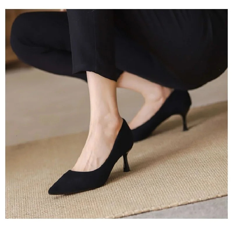 Spring/Autumn Womens Suede Pointed Toe Stiletto Flats - Black Shallow-Cut Work Shoes Fashion Elegant High Heels 260123