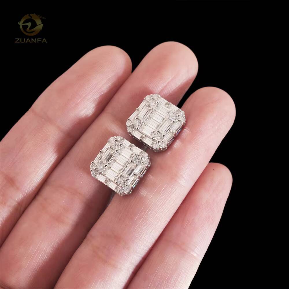 Luxury Baguette Diamond Iced Out Jewelry Gold Plated Hip Hop Moissanite 925 Silver Stud Earrings