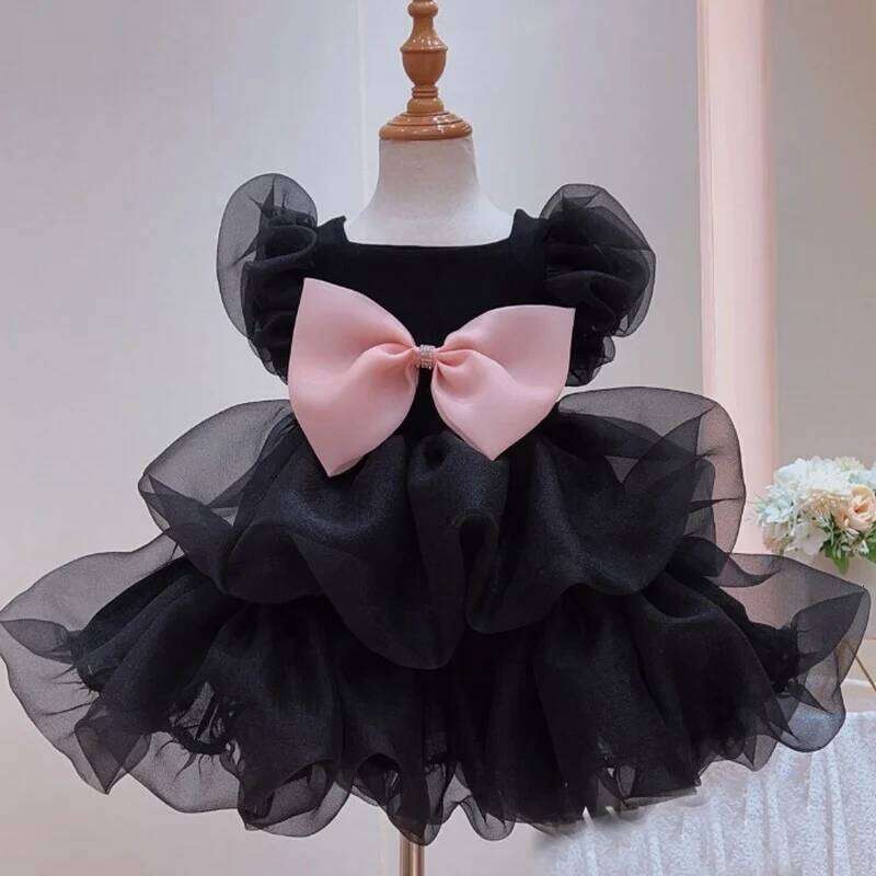 Cat Dog Summer Pink Bow Bubble Skirt Black Puff Sleeve Princess Dress Small and Medium-sized Pet Clothing H260129