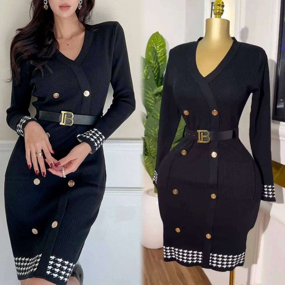 YuooMuoo Brand Fashion Woman Knitted 2025 Autumn Winter Elegant V-neck Bird Lattice Lady Office Dress Korean Party Vestido XJ260131