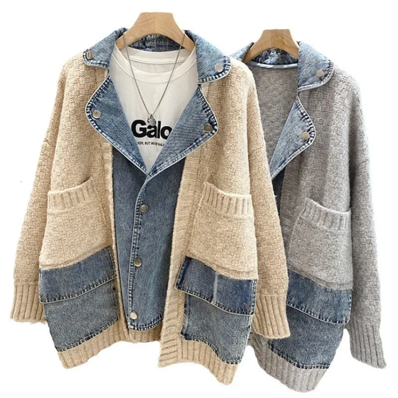 Womens Patchwork Denim Jacket with Fashionable Personality Loose and Lazy Style Thick Sweater Cardigan Autumn Product 260120
