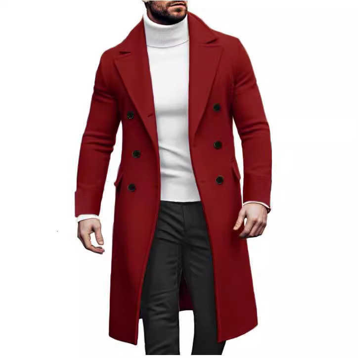 Custom Mens Long Red Wool Coat - Double-Breasted British Fashion New Autumn/Winter Trend Fixed-Length X260131