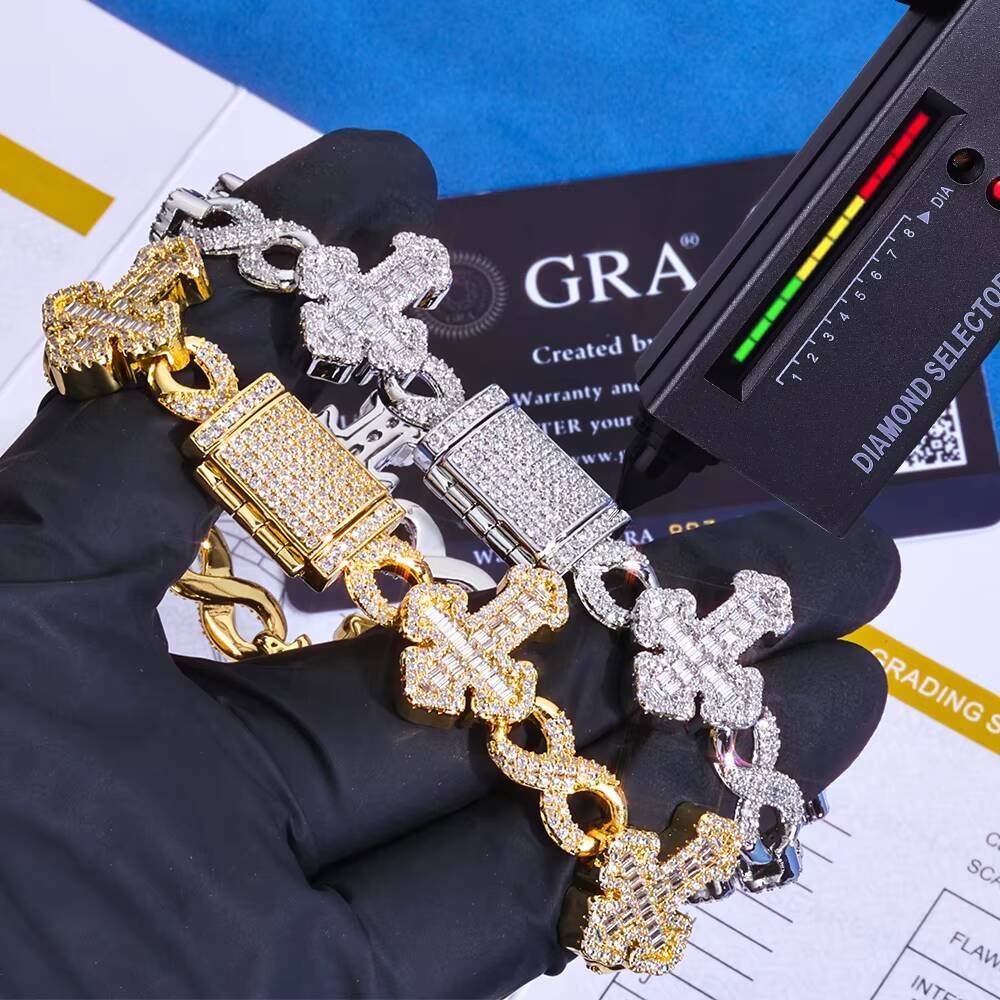 NUOYA Hip Hop Bracelet 15MM Cuban Chain 925 Silver Iced Out Baguette VVS Moissanite Cross 8 Symbol Infinity Fine Jewelry
