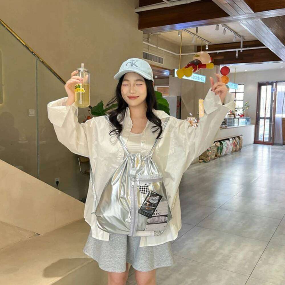 Original Large Capacity Drawstring Shoulder Bag Casual Transparent Simple Style Nylon Backpack for Girls Lightweight Portable