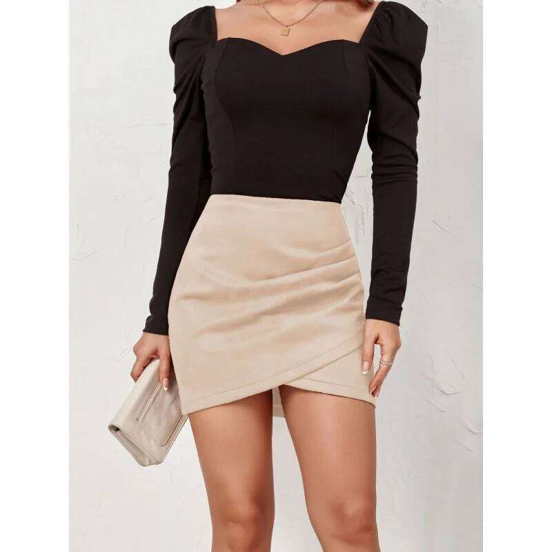Suede Leather Pencil Women'S Solid Color High Waist Bodycon Mini With Pleated Asymmetric Hem Zip Vintage Short Skirt XJ260131